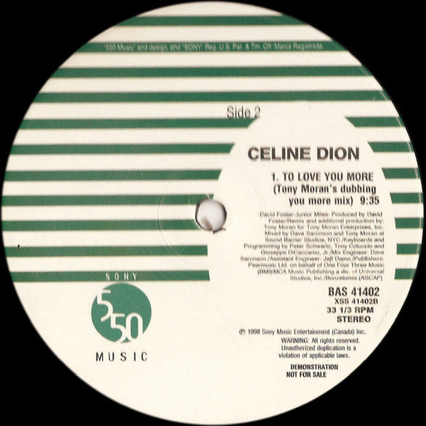 Celine Dion - To Love You More (PROMO 12" Single) The TONY MORAN  Mixes - LP Vinyl - used