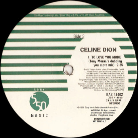 Celine Dion - To Love You More (PROMO 12" Single) The TONY MORAN  Mixes - LP Vinyl - used