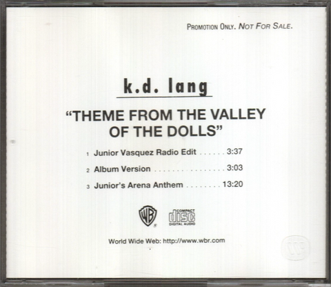 k.d. Lang "Theme From The Valley of the Dolly"  (Jr. Vasquez Mixes) PROMO CD Single - Used